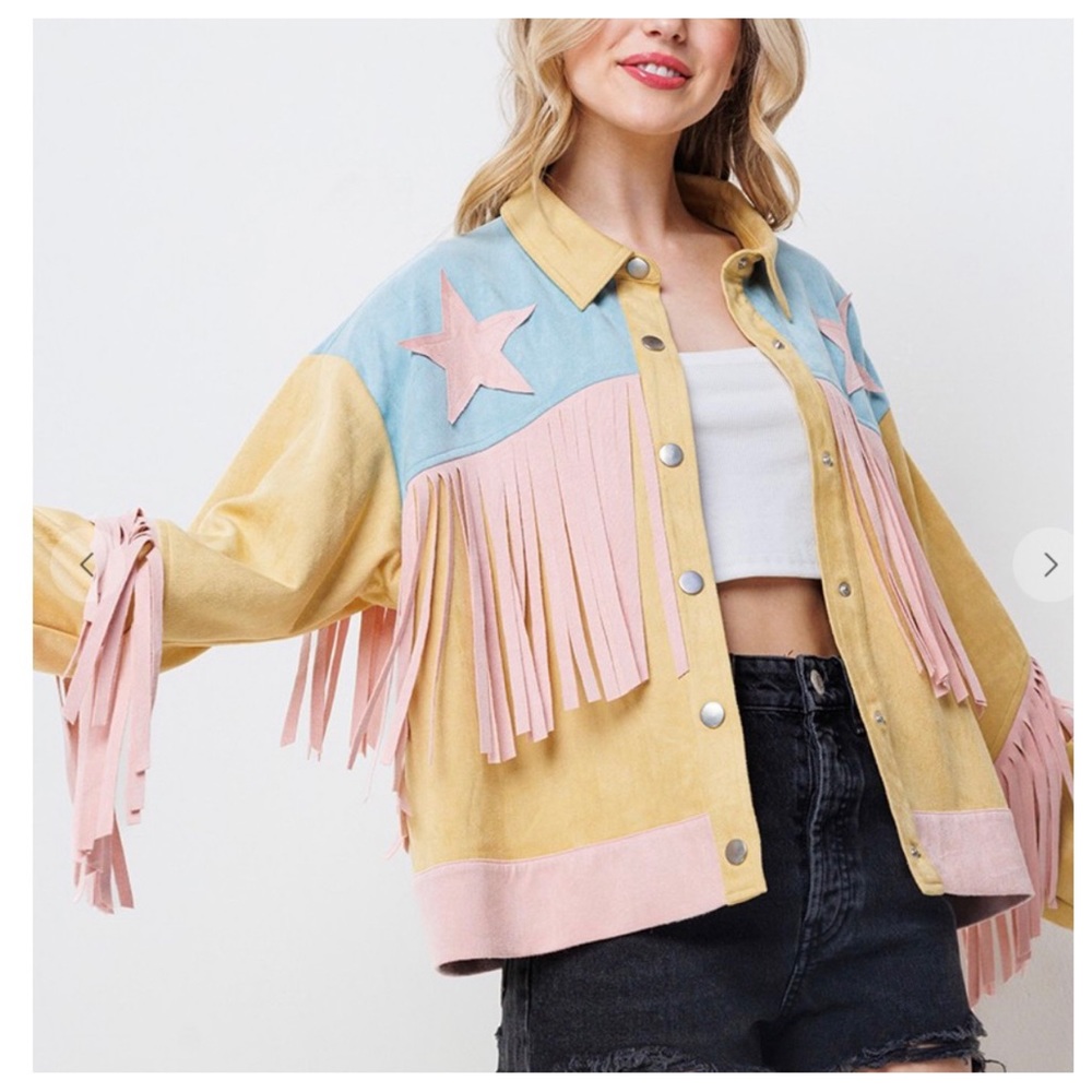 ShopEvelynne Pastel Fringe Jacket - Yellow, Pink, Blue